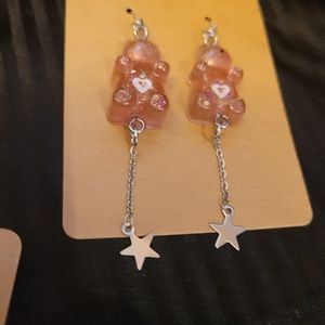 Pinkish purple glittery bear threader earrings with hearts and stars